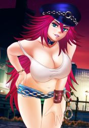 Rule 34 | 1girl, breasts, capcom, cleavage, cuffs, denim, final fight, hand on own hip, hand on leg, hand on own leg, hand on own thigh, hand on thigh, highres, large breasts, leaning forward, lipstick, long hair, makeup, midriff, navel, no bra, pink hair, poison (final fight), seductive smile, shorts, smile, solo, street fighter, tank top, thighs