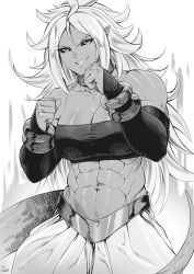 Rule 34 | 1girl, absurdres, android 21, black sclera, bracelet, breasts, colored sclera, detached sleeves, dragon ball, dragon ball fighterz, female focus, greyscale, harem pants, highres, jewelry, large breasts, long hair, looking at viewer, majin android 21, monochrome, muscular, muscular female, navel, pants, pointy ears, sharp teeth, solo, speedl00ver, strapless, tail, teeth, tube top, white hair