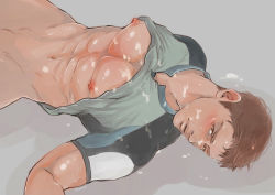 Rule 34 | 1boy, abs, aftersex, bara, bottomless, brown hair, chris redfield, cum, cum on body, lying, male focus, muscular, nipples, pectorals, resident evil, solo