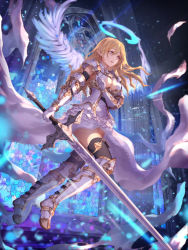 Rule 34 | 1girl, armor, armored boots, bad id, bad pixiv id, blonde hair, blue eyes, blurry, boots, breasts, center opening, church, commentary, depth of field, dress, elbow gloves, floating hair, full body, gloves, hair between eyes, halo, holding, holding sword, holding weapon, indoors, jname, light particles, long hair, medium breasts, mosaic art, original, outdoors, parted lips, pointy ears, solo, sword, thigh boots, thighhighs, weapon, white dress, white footwear, white gloves, white wings, wings