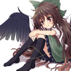 Rule 34 | 1girl, bad id, bad pixiv id, bird wings, black socks, black wings, blush, bow, brown eyes, brown hair, cape, chitose hachi, collared shirt, frilled skirt, frills, green bow, green skirt, grin, hair bow, hugging own legs, kneehighs, long hair, looking at viewer, puffy short sleeves, puffy sleeves, reiuji utsuho, shirt, short sleeves, simple background, skirt, smile, socks, solo, third eye, touhou, white background, white cape, white shirt, wings