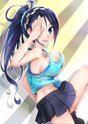 Rule 34 | 10s, 1girl, :d, bad anatomy, bare shoulders, black hair, blue eyes, blush, bouncing breasts, breasts, collarbone, cowboy shot, from side, gankami, hair ornament, hair over one eye, hairband, hand on own head, kashima noa, large breasts, long hair, looking at viewer, midriff, miniskirt, navel, no bra, open mouth, pleated skirt, rail wars!, skirt, smile, solo