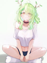 Rule 34 | 1girl, absurdres, alternate costume, antlers, black shorts, blue choker, blush, braid, braided bangs, breasts, ceres fauna, choker, closed mouth, commentary, green hair, highres, hololive, hololive english, horns, indian style, large breasts, long hair, looking at viewer, midriff peek, mole, mole under eye, multicolored hair, navel, no shoes, off shoulder, psypolo d, see-through silhouette, shirt, shorts, side slit, single hair ring, sitting, smile, socks, solo, streaked hair, symbol-only commentary, t-shirt, virtual youtuber, white shirt, white socks, yellow eyes