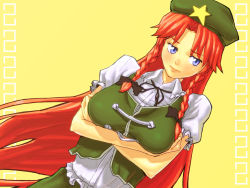 Rule 34 | 1girl, bad id, bad pixiv id, beret, blue eyes, bow, braid, breast hold, breasts, crossed arms, face, female focus, hair bow, hat, highres, hong meiling, large breasts, long hair, red hair, shiba itsuki, solo, star (symbol), embodiment of scarlet devil, touhou, twin braids, very long hair