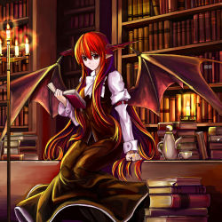 Rule 34 | 1girl, arm belt, ascot, bat wings, book, book stack, bookmark, bookshelf, breasts, candle, cup, dress shirt, female focus, fullerene, fullerene (pixiv), head wings, holding, holding book, koakuma, large wings, library, long hair, long sleeves, looking at viewer, low wings, open book, pointy ears, reading, red eyes, red hair, shirt, sitting, skirt, skirt set, smile, solo, teacup, teapot, embodiment of scarlet devil, touhou, very long hair, vest, voile, white shirt, wings