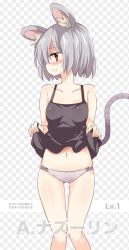 Rule 34 | 1girl, animal ears, black dress, blush, breasts, checkered background, clothes lift, dress, dress lift, grey background, grey panties, lifting own clothes, maturiuta sorato, mouse ears, mouse tail, navel, nazrin, panties, red eyes, short dress, silver hair, small breasts, solo, standing, stomach, striped clothes, striped panties, tail, thighs, touhou, underwear