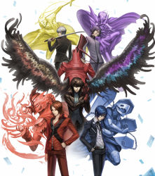 Rule 34 | 5boys, amamiya ren, anniversary, apollo (persona 2), arsene (persona 5), back-to-back, belt, black coat, black eyes, blue eyes, blue hair, brown eyes, brown hair, cape, card, chain, character request, closed mouth, coat, feathered wings, fire, gloves, grey hair, hair between eyes, hand on own hip, hands in pockets, hat, highres, holding, holding polearm, holding sword, holding weapon, izanagi (persona 4), katana, male focus, mask, multiple boys, narukami yuu, over shoulder, persona, persona 2, persona 3, persona 4, persona 5, pointy footwear, polearm, purple hair, red gloves, saikoro (et1312), school uniform, standing, suou tatsuya, sword, sword over shoulder, thanatos (persona), top hat, uniform, weapon, weapon over shoulder, wings, yuuki makoto (persona 3), zipper, zipper pull tab
