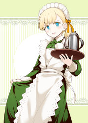 Rule 34 | 1girl, :d, alternate costume, apron, blonde hair, blue eyes, blunt bangs, blush, commentary request, cup, dress, enmaided, frilled apron, frills, green dress, hair between eyes, hair ornament, hair ribbon, highres, holding, holding tray, kantai collection, long hair, long sleeves, looking at viewer, maid, maid headdress, open mouth, revision, ribbon, rui shi (rayze ray), saucer, shin&#039;you (kancolle), side ponytail, simple background, smile, solo, standing, teacup, teapot, tray, white apron, yellow ribbon