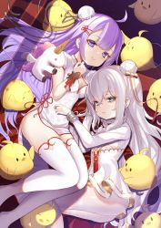 Rule 34 | 2girls, ahoge, animal, azur lane, bird, blue eyes, breasts, bun cover, chick, chinese clothes, closed mouth, commentary request, double bun, dress, feet out of frame, highres, le malin (azur lane), long hair, lying, medium breasts, multiple girls, on side, pantyhose, puffy short sleeves, puffy sleeves, purple eyes, purple hair, short sleeves, silver hair, smile, stuffed animal, stuffed toy, stuffed winged unicorn, templus, thighhighs, unicorn (azur lane), unicorn (the gift of spring) (azur lane), very long hair, white dress, white legwear, wrist cuffs