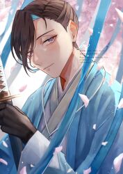 Rule 34 | 1boy, absurdres, artist name, black gloves, brown hair, cherry blossoms, fate/grand order, fate (series), gloves, hair over one eye, hair pulled back, haori, highres, holding, holding sword, holding weapon, ichimichi 111, japanese clothes, looking at viewer, male focus, petals, shinsengumi, short hair, smile, solo, sword, upper body, weapon, yamanami keisuke (fate)