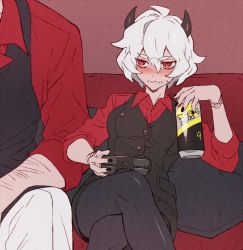 Rule 34 | 1boy, 1girl, black horns, black pantyhose, black vest, blush, breasts, buttons, can, collared shirt, controller, couch, crossed legs, demon girl, demon horns, formal, helltaker, helltaker (character), highres, holding, holding can, horns, malina (helltaker), nagiko (mangalove1111), nail polish, pants, pantyhose, playing games, red eyes, red shirt, shirt, short hair, sitting, sleeves rolled up, suit, tail, vest, waistcoat, wavy mouth, white hair, white pants