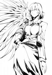 Rule 34 | 1girl, arm at side, bow, bowtie, closed mouth, contrapposto, feathered wings, greyscale, hair between eyes, highres, jacket, kishin sagume, long skirt, long sleeves, monochrome, open clothes, open jacket, ruukii drift, short hair, simple background, single wing, skirt, solo, spread wings, standing, touhou, white background, wings