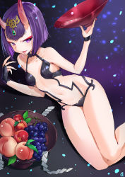Rule 34 | 1girl, absurdres, alcohol, apple, bob cut, breasts, collarbone, cup, fate/grand order, fate (series), food, fruit, grapes, hieung, highres, horns, medium breasts, navel, oni, open mouth, peach, purple eyes, purple hair, sakazuki, sake, short hair, shuten douji (fate), skin-covered horns, smile, solo, thick eyebrows, thighs