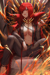 Rule 34 | 1girl, absurdres, board game, breasts, cape, cleavage, contemporary, crest, expulse, family crest, fate/grand order, fate (series), formal, go (board game), hair over one eye, highres, nail polish, oda nobunaga (fate), oda nobunaga (maou avenger) (fate), oda uri, open clothes, popped collar, red cape, red eyes, red hair, sitting, solo, suit