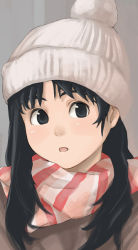 Rule 34 | 1girl, :o, beanie, black eyes, black hair, blush, hat, long hair, looking at viewer, looking to the side, open mouth, original, pom pom (clothes), portrait, red scarf, scarf, solo, striped clothes, striped scarf, tamaru tokihiko