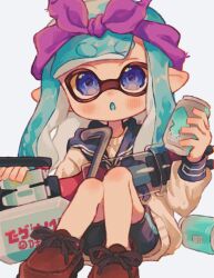 Rule 34 | 1girl, :o, black shorts, blue eyes, blue hair, bow, bow hairband, brown footwear, can, commentary request, cross-laced footwear, drink can, gun, hair bow, hairband, heavy edit splatling (splatoon), highres, holding, holding can, inkling, inkling girl, inkling player character, long hair, looking at viewer, nintendo, ochocho2828, open mouth, pointy ears, purple bow, purple hairband, sailor collar, sailor shirt, shirt, shoes, shorts, simple background, sitting, soda can, solo, splatoon (series), splatoon 3, tentacle hair, weapon, white background