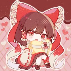 Rule 34 | 1girl, blush, boots, bow, box, brown footwear, brown hair, chibi, chocolate, collared dress, detached sleeves, dress, frills, hair between eyes, hair bow, hair ornament, hair tubes, hakurei kaede, hakurei reimu, hands up, heart, heart-shaped box, heart-shaped pupils, highres, holding, holding box, long sleeves, looking at viewer, open mouth, pink background, plaid, plaid background, red bow, red dress, red eyes, short hair, sitting, smile, solo, sparkle print, symbol-shaped pupils, tape, touhou, white bow, wide sleeves