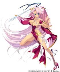 Rule 34 | 1girl, absurdres, bare shoulders, blue eyes, breasts, cleavage, cleavage cutout, clothing cutout, dark-skinned female, dark skin, detached sleeves, dress, female focus, fighting stance, fingernails, foreshortening, full body, hair ornament, high heels, highres, hikage eiji, jewelry, koihime musou, large breasts, leg lift, legs, long fingernails, long hair, nail polish, necklace, no bra, official art, outstretched arm, outstretched hand, parted bangs, pink hair, ponytail, ring, see-through, shoes, side slit, sidelocks, smile, solo, sonsaku, standing, standing on one leg, sword, transparent background, very long hair, weapon
