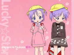 Rule 34 | 00s, 2girls, blue eyes, child, crying, dress, hair bobbles, hat, highres, hiiragi kagami, hiiragi tsukasa, looking at viewer, lucky star, multiple girls, pink background, purple hair, randoseru, sisters, standing, tagme, twins, twintails, wallpaper, aged down