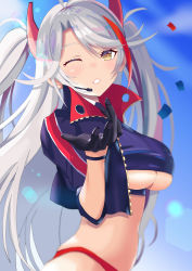 Rule 34 | 1girl, absurdres, azur lane, blowing kiss, blue background, breasts, clothing cutout, earpiece, from side, gloves, hair between eyes, half gloves, headgear, highres, jacket, large breasts, long hair, looking at viewer, multicolored hair, official alternate costume, one eye closed, open clothes, open jacket, panties, panty straps, prinz eugen (azur lane), prinz eugen (final lap) (azur lane), purple jacket, race queen, red hair, red panties, short sleeves, simple background, solo, streaked hair, two-tone hair, ukitaka raptor, underboob, underboob cutout, underwear, upper body, white hair, yellow eyes
