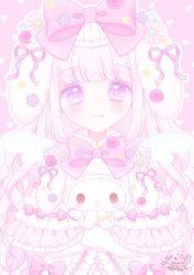 Rule 34 | 1girl, blue flower, blush, bow, capelet, closed mouth, commentary request, creature, dress, flower, hair bow, hair flower, hair ornament, hair ribbon, heart, heart background, highres, himetsuki luna, hug, long hair, mini wings, my melody, onegai my melody, outline, pink background, pink bow, pink flower, pink ribbon, purple eyes, purple flower, purple rose, ribbon, rose, sanrio, signature, smile, upper body, very long hair, white capelet, white dress, white hair, white outline, white wings, wings