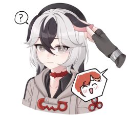 Rule 34 | 2girls, ?, animal ears, black hair, choker, closed mouth, commentary, coralie (honkai impact), dog ears, dog girl, english commentary, female pov, fingerless gloves, gloves, grey eyes, grey jacket, highres, honkai (series), honkai impact 3rd, jacket, kimshimhae, looking at viewer, multicolored hair, multiple girls, open mouth, orange hair, pov, pov hands, red choker, senadina (honkai impact), simple background, solo focus, spoken question mark, two-tone hair, white background