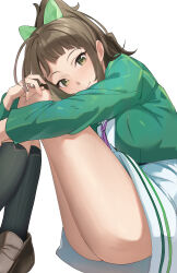 Rule 34 | 1girl, absurdres, ass, blunt bangs, blush, brown eyes, brown hair, clothes around waist, commission, green socks, highres, hisami nanami, kneehighs, long hair, looking at viewer, pixiv commission, ponytail, simple background, sitting, smile, socks, solo, uouokuma, wake up girls!, white background