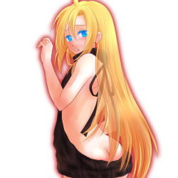 Rule 34 | 1boy, ahat (ragnarok online), alternate costume, ass, black sweater, blonde hair, blue eyes, blush, butt crack, commentary request, cowboy shot, earrings, jewelry, long hair, looking at viewer, male focus, manoji, meme attire, open mouth, ragnarok online, ribbed sweater, simple background, solo, sweater, translucent hair, turtleneck, turtleneck sweater, virgin killer sweater, white background