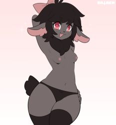 Rule 34 | animal ears, arms behind back, black hair, breasts, goat ears, goat girl, goat tail, highres, nipples, panties, red eyes, sataen, stomach, stretch, thighhighs, underwear