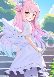 Rule 34 | 1girl, azel (laevateinn495), blue archive, blue sky, blunt bangs, blush, breasts, cloud, commentary request, day, dress, feathered wings, feet out of frame, gradient hair, hair bun, halo, highres, long sleeves, looking at viewer, looking back, low wings, medium breasts, mika (blue archive), multicolored hair, open mouth, outdoors, pantyhose, pink hair, pink halo, single side bun, skirt hold, sky, smile, solo, standing, tree, white dress, white pantyhose, white wings, wings, yellow eyes