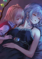 Rule 34 | 2girls, ascot, bare arms, bare shoulders, bed sheet, blonde hair, blush, chemise, closed eyes, commentary request, crystal, fangs, flandre scarlet, highres, izayoi sakuya, looking at another, lying, multiple girls, no headwear, on back, open mouth, pocket watch, puffy short sleeves, puffy sleeves, red eyes, red vest, roke (taikodon), shirt, short hair, short sleeves, sidelocks, silver hair, spaghetti strap, touhou, upper body, vest, watch, white shirt, wings, yellow ascot