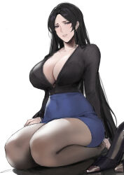 Rule 34 | 1girl, absurdres, alios arvin, black footwear, black hair, black shirt, blue skirt, breasts, collarbone, commentary, covered navel, earrings, english commentary, high heels, highres, jewelry, large breasts, long hair, long sleeves, looking at viewer, mature female, mole, mole under eye, original, pantyhose, parted lips, purple eyes, seiza, shirt, shoes, sidelocks, simple background, sitting, sketch, skirt, solo, teeth, unworn shoes, white background