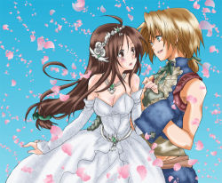 Rule 34 | 1boy, 1girl, breasts, brown eyes, brown hair, cleavage, commentary request, couple, dress, final fantasy, final fantasy ix, garnet til alexandros xvii, green eyes, holding hands, jewelry, linzsan, long hair, necklace, official alternate costume, tail, tiara, very long hair, wedding dress, zidane tribal