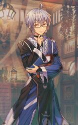 Rule 34 | 1boy, ahoge, black sleeves, black tabard, blue kimono, chin, closed mouth, finger to own chin, fingernails, glasses, grey-framed eyewear, hand on own arm, indoors, japanese clothes, kimono, kourindou, layered sleeves, long sleeves, looking at viewer, male focus, morichika rinnosuke, moryo, official art, shop, short hair, sleeve garter, solo, tabard, third-party source, touhou, touhou cannonball, white hair, wide sleeves, yellow eyes