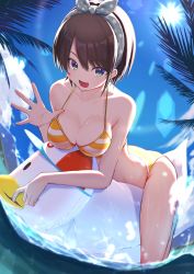 Rule 34 | 1girl, absurdres, bent over, bikini, blue eyes, breasts, cleavage, collarbone, hair behind ear, hair ribbon, highres, hololive, lens flare, medium breasts, mikaku, oozora subaru, oozora subaru (hololive summer 2019), open hand, open mouth, ribbon, short hair, solo, striped bikini, striped clothes, summer, swimsuit, virtual youtuber