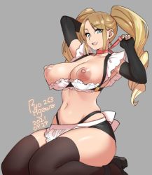 Rule 34 | 1girl, agawa ryou, artist name, black footwear, black gloves, black panties, black shorts, blonde hair, blue eyes, breasts, breasts out, brown thighhighs, choker, cleavage, collarbone, commentary, dated, drill hair, elbow gloves, english commentary, fingerless gloves, frills, full body, gloves, grey background, groin, highleg, highleg panties, holding, holding ribbon, large breasts, long hair, looking at viewer, mary janes, navel, nipples, numbered, open mouth, original, panties, pink ribbon, puffy nipples, ribbon, ribbon choker, seiza, shoes, short shorts, shorts, sidelocks, simple background, sitting, smile, solo, swept bangs, teeth, thighhighs, twintails, underwear, upper teeth only, zettai ryouiki