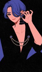 Rule 34 | 1girl, black background, blending, blue background, blue eyes, blue hair, breasts, cleavage, earrings, flat color, hair over one eye, hand up, highres, jewelry, limited palette, minillustration, original, short hair, smile, solo, two-tone background, upper body
