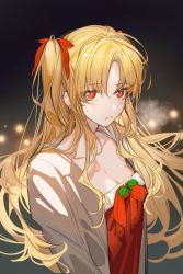 Rule 34 | 1girl, arlizi, blonde hair, blush, bow, breasts, christmas, cleavage, closed mouth, collarbone, dark background, ear piercing, earrings, ereshkigal (fate), fate/grand order, fate (series), hair bow, hair ornament, highres, jewelry, long hair, long sleeves, looking at viewer, open clothes, parted bangs, piercing, red bow, red eyes, red ribbon, ribbon, simple background, solo, sweat, two side up, upper body