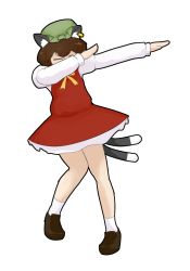 Rule 34 | 1girl, animal ears, bare legs, brown hair, cat ears, cat tail, chen, dab (dance), earrings, highres, jewelry, long sleeves, maximumpingas, meme, multiple tails, shoes, short hair, socks, tail, touhou, transparent background, white background