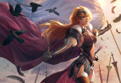 Rule 34 | 1girl, armor, armored dress, belt, bird, black dress, blonde hair, breasts, cape, chain, cleavage, cleavage cutout, closed mouth, clothing cutout, crow, crows, dress, falling feathers, fan yang (jiuge), fate/grand order, fate (series), faulds, feathers, field of blades, flag, fur trim, gauntlets, headpiece, holding, holding flag, jeanne d&#039;arc (fate), jeanne d&#039;arc (ruler) (fate), jeanne d&#039;arc alter (fate), large breasts, navel, navel cutout, outstretched arms, pink lips, sideboob, solo, standing, sword, thighhighs, weapon, yellow eyes