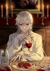 Rule 34 | 1boy, ambiguous red liquid, arm cutout, blurry, blurry foreground, candlestand, commentary request, cup, drinking glass, earrings, food, fork, fruit, hair between eyes, highres, holding, holding cup, jewelry, kawausoman, knife, kuzuha (nijisanji), long hair, looking at viewer, male focus, multiple earrings, multiple rings, nail polish, nijisanji, photo (object), plate, pomegranate, red eyes, red nails, red wine, ring, serious, shelf, shirt, solo, upper body, virtual youtuber, white hair, white shirt, wine glass