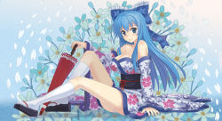 Rule 34 | 1girl, blue eyes, blue hair, bow, breasts, cleavage, detached sleeves, flower, hair bow, hair ribbon, holding, japanese clothes, kimono, kneehighs, large breasts, long hair, looking at viewer, matching hair/eyes, npcpepper, oil-paper umbrella, original, ribbon, sitting, smile, socks, solo, umbrella, white socks