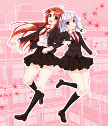 Rule 34 | 2girls, alternate costume, black socks, blazer, blue eyes, bow, braid, chitose (usacan), contemporary, hair bow, heads together, hong meiling, izayoi sakuya, jacket, kneehighs, leg up, locked arms, long hair, multiple girls, necktie, open clothes, open jacket, open mouth, outline, pink background, polka dot, polka dot background, red hair, school, school uniform, silver hair, skirt, smile, socks, touhou, twin braids, very long hair