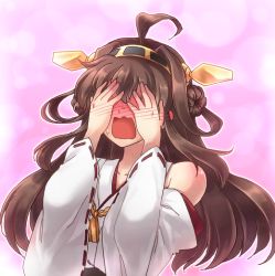 Rule 34 | 10s, 1girl, ahoge, bare shoulders, blush, brown hair, commentary, covering own eyes, embarrassed, full-face blush, hanjuku tomato, headgear, kantai collection, kongou (kancolle), long hair, nontraditional miko, open mouth, ribbon-trimmed sleeves, ribbon trim, solo