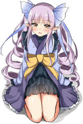 Rule 34 | 1girl, :d, absurdres, blue bow, blue kimono, blush, bow, brown eyes, hair between eyes, hair bow, highres, japanese clothes, kimono, kyoka (princess connect!), long hair, long sleeves, moyoron, open mouth, pointy ears, princess connect!, purple hair, ringlets, seiza, shadow, sidelocks, simple background, sitting, sleeves past fingers, sleeves past wrists, smile, solo, twintails, very long hair, white background, yellow bow