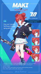 Rule 34 | 1girl, 9ml, absurdres, ahoge, blue archive, blue eyes, character name, character sheet, double bun, english text, full body, graffiti, gun, hair bun, highres, holding, holding weapon, m240, machine gun, maki (blue archive), official art, red hair, rifle, school uniform, scope, shoes, smile, sneakers, sniper rifle, socks, solo, weapon