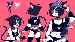 Rule 34 | 1girl, animal ears, artist name, ass, bell, black-framed eyewear, black bra, black hair, black jacket, black panties, black thighhighs, blush, bob cut, bra, cat ears, cat girl, cat tail, choker, closed mouth, controller, cropped jacket, fang, fang out, fangs, freckles, game controller, highres, holding, holding controller, holding game controller, jacket, long sleeves, looking at viewer, neck bell, open mouth, original, panties, piesarts, pink background, pink eyes, short hair, simple background, smile, solo, sunglasses, tail, teeth, thighhighs, twitter username, underwear
