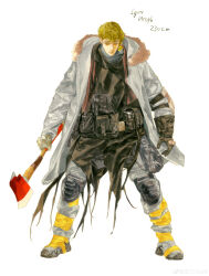 Rule 34 | 1boy, 5hgohi, absurdres, asymmetrical gloves, axe, black gloves, blonde hair, brown shirt, character name, closed mouth, coat, cyrillic, fanny pack, full body, fur-trimmed hood, fur trim, gloves, grey gloves, grey pants, height, highres, holding, holding axe, hood, hood down, knee pads, long sleeves, looking down, male focus, mismatched gloves, original, pants, russian text, shirt, short hair, simple background, solo, standing, tachi-e, two-tone pants, weibo logo, weibo watermark, white background, white coat, yellow pants