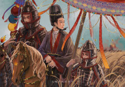 Rule 34 | 3boys, armor, burning, chinese armor, chinese clothes, chinese commentary, chinese empire, chinese text, earrings, full armor, futou, grass, hand fan, hanfu, helmet, highres, historical event, holding, holding fan, holding reins, horseback riding, jewelry, lamellar armor, looking back, luoyang liyufu guagua, multiple boys, neck armor, northern wei, original, reins, riding, tall grass, tassel, translated, yuan xiu, yuwen tai