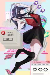 Rule 34 | 1girl, ame-chan (needy girl overdose), black footwear, black hair, black ribbon, black skirt, collar, collared shirt, cursor, full body, hair ornament, hair over one eye, hair tie, halo, highres, holding, long hair, neck ribbon, needy girl overdose, open mouth, pill, purple eyes, red shirt, ribbon, shirt, shirt tucked in, shoes, skirt, solo, suspender skirt, suspenders, twintails, white collar, window (computing), woof (16109374), x hair ornament